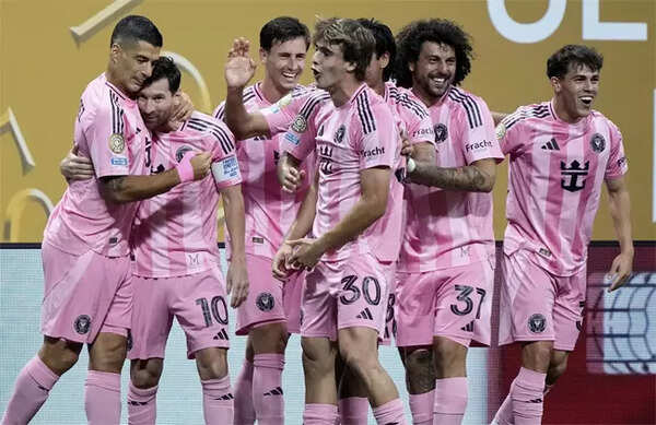 Lionel Messi celebrating a goal with Luis Suarez for Inter Miami
