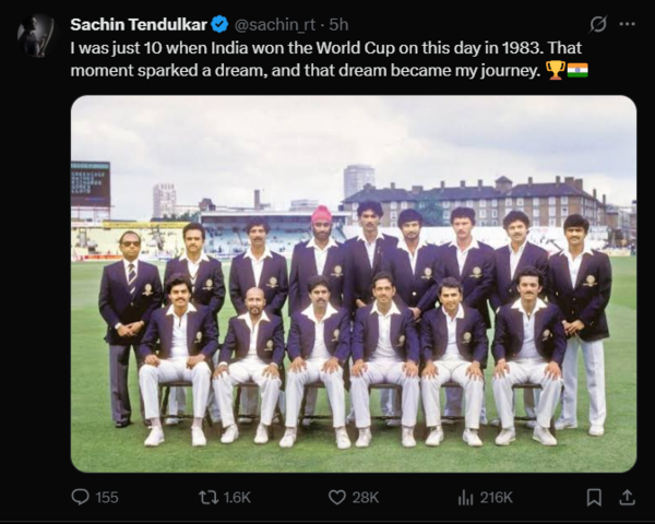 Sachin Tendulkar reflects on the 1983 World Cup victory