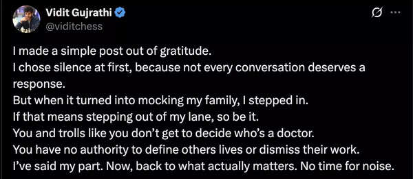 Vidit Gujrathi Defends Family's Medical Professions After Online Criticism: Chess Star Slams 'LiverDoc' for Disrespect